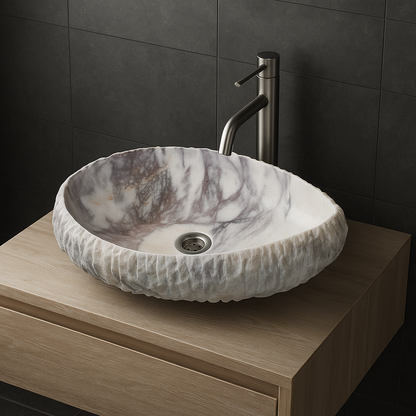 Luxury Marble Vessel Sink – Handcrafted Natural Stone Bathroom Basin with Textured Edge, Modern Vanity Bowl 21.6"x15.7"x5.5" (55x40x14 cm)