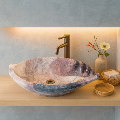 Luxury Marble Vessel Sink – Hand-Carved Natural Stone Bathroom Basin, Designer Vanity Bowl 25.6"x15.7"x5.5" (65x40x14 cm)