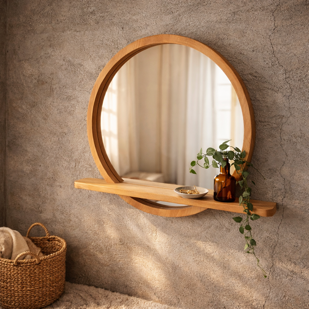 Solid Beech Wood Round Mirror with Shelf – Scandinavian Entryway Bathroom Mirror