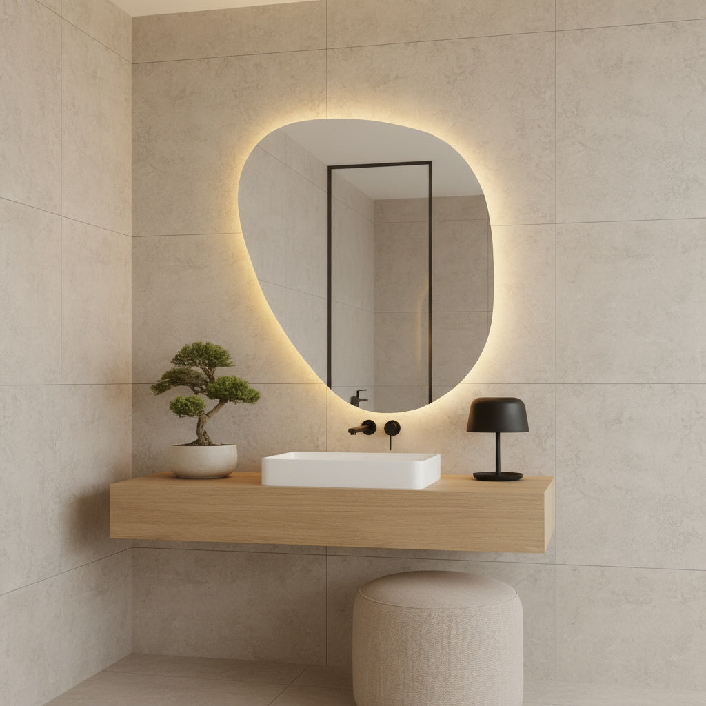 LED Wall Mirror – Irregular Organic Shape Lighted Mirror, Modern Boho Wall Decor with Backlit Glow