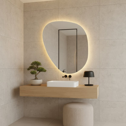 LED Wall Mirror – Irregular Organic Shape Lighted Mirror, Modern Boho Wall Decor with Backlit Glow