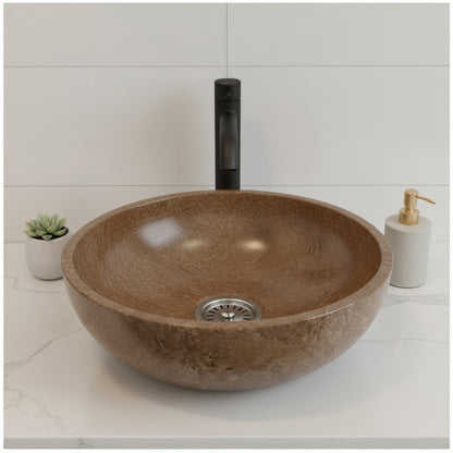 Noce Travertine Bathroom Sink – Natural Stone Round Vessel Sink, Polished Above-Counter Basin