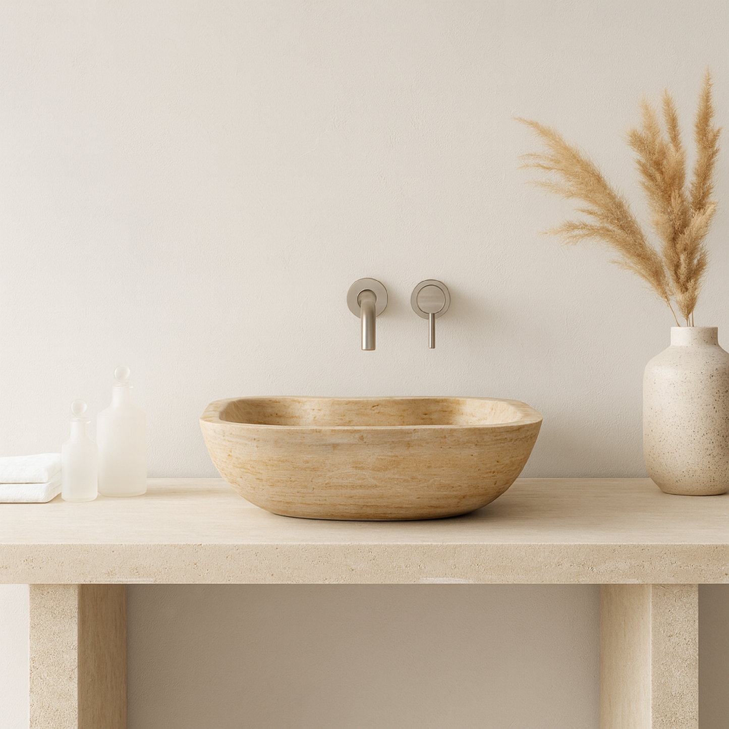Travertine Stone Vessel Sink – Natural Marble Bathroom Basin (45x45x15 cm)