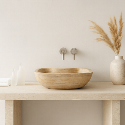 Travertine Stone Vessel Sink – Natural Marble Bathroom Basin (45x45x15 cm)