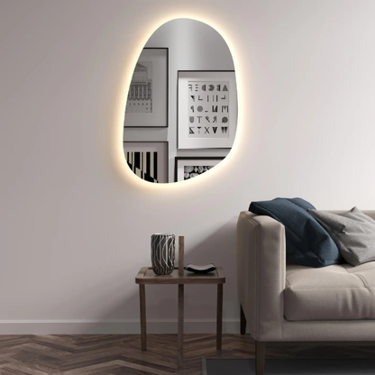Modern LED Bathroom Mirror – Organic Asymmetrical Backlit Wall Mirror with Warm & Cool Light