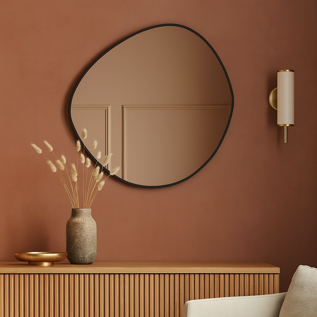 Irregular Round Bathroom Mirror – Modern Organic Wall Mirror with Black Frame