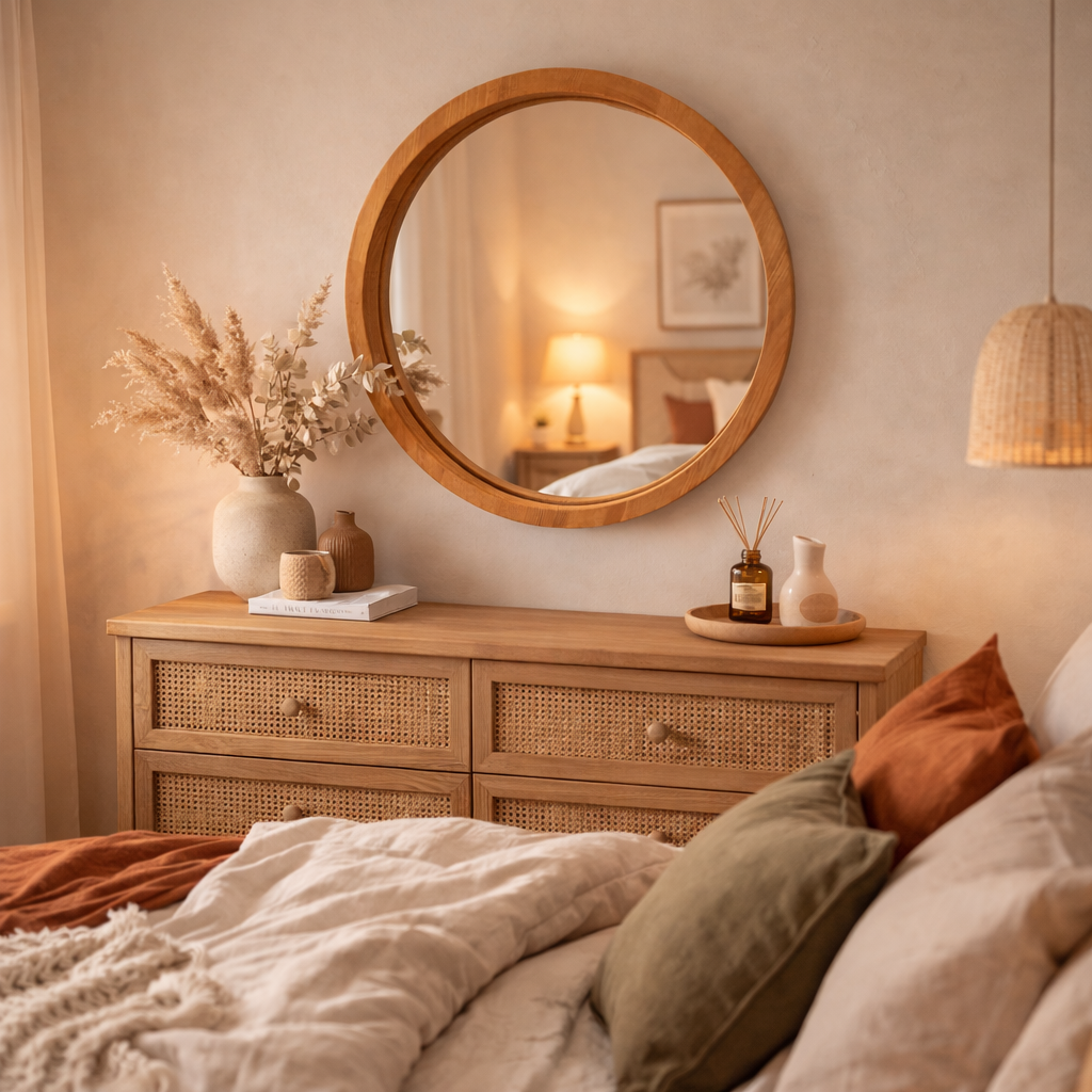 Handmade Solid Wood Framed Round Mirror – Modern Scandinavian Wall Mirror