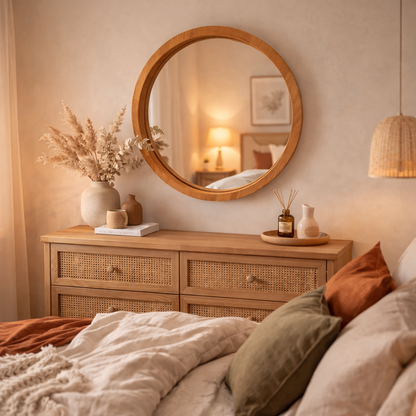 Handmade Solid Wood Framed Round Mirror – Modern Scandinavian Wall Mirror