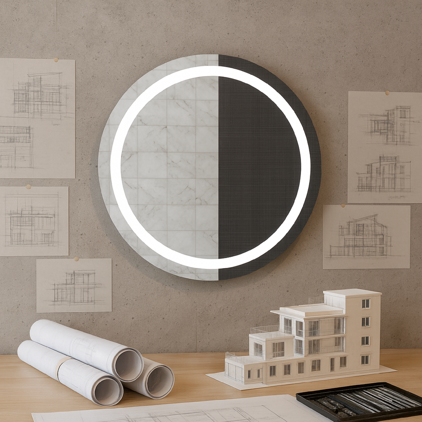 LED Bathroom Mirror – Round Lighted Vanity Mirror with Marble Frame, Modern Backlit Wall Mirror