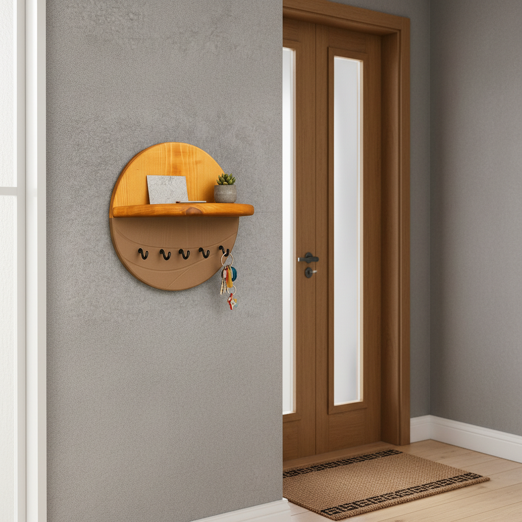 Modern Wall Key Holder with Shelf – Minimalist Wooden Entryway Organizer with Hooks | Handmade Home Décor