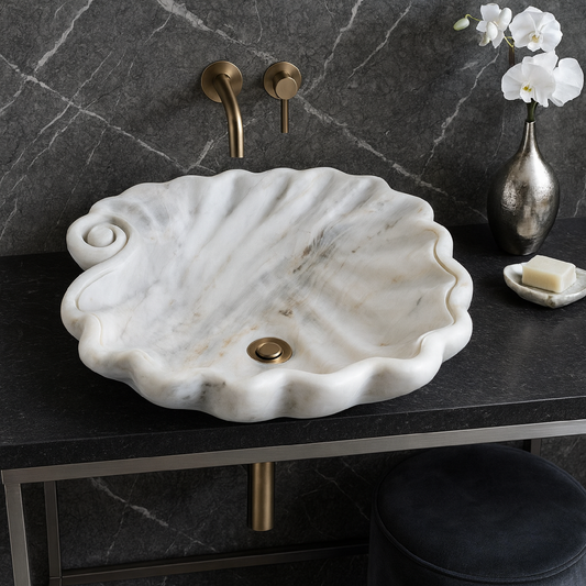 Luxury Marble Vessel Sink – Hand-Carved Shell Design Natural Stone Bathroom Basin