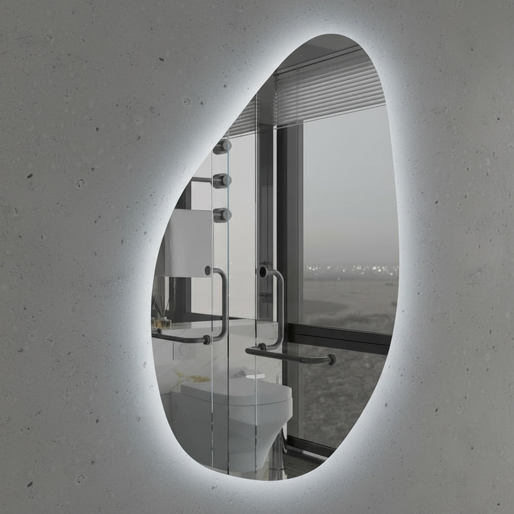 LED Bathroom Mirror Modern Backlit Design – Organic Asymmetrical Wall Mirror with Warm & Cool Light