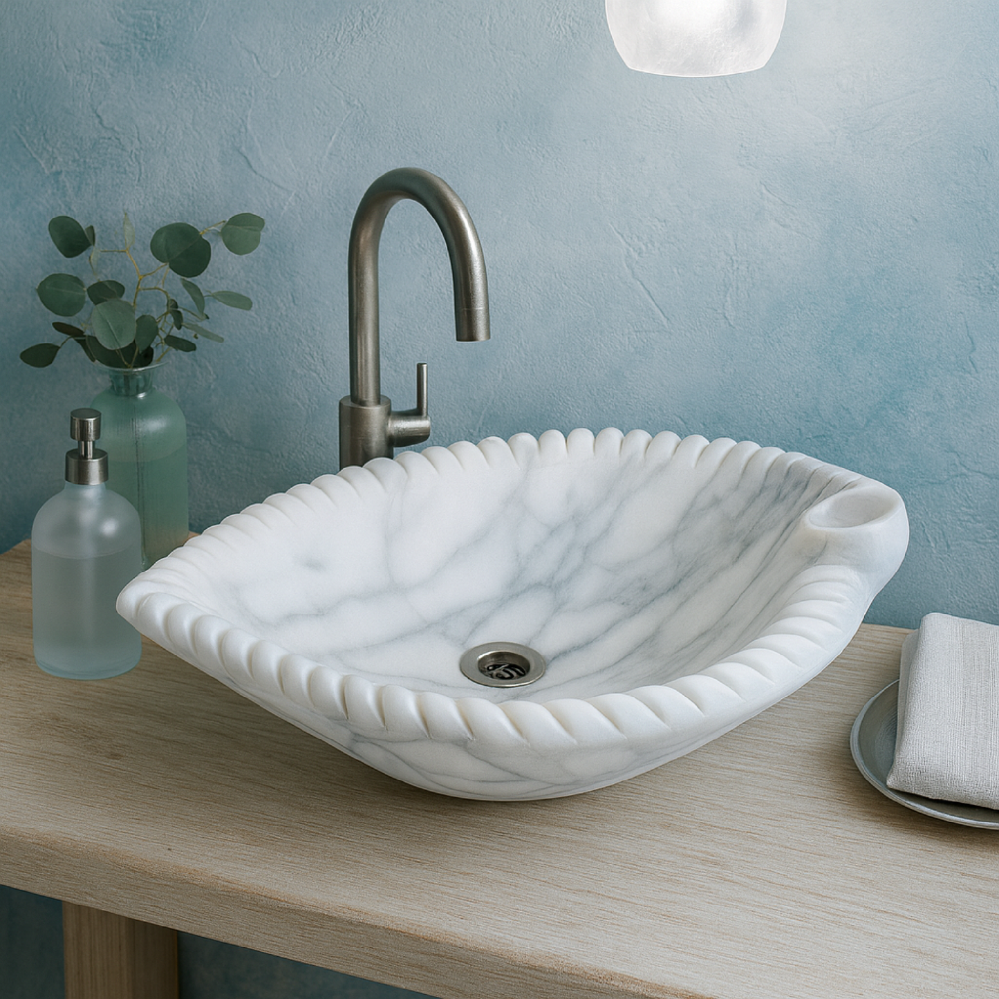 Marble Sink – Luxury Stone Sink Bathroom Basin (45x55x14 cm), Handcrafted White Natural Marble Vanity Bowl