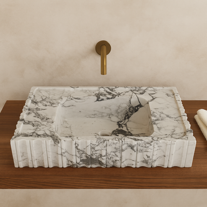 Marble Sink – Calacatta Viola Wall-Mount Bathroom Vanity Sink | Fluted U-Shape Stone Basin