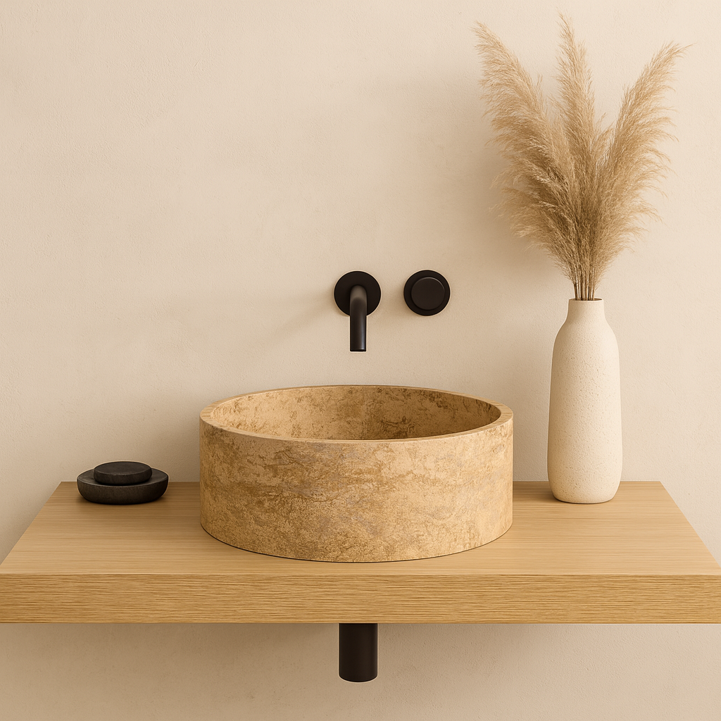 Marble Sink – Natural Stone Vessel Sink Travertine Noce Round 17"x17"x6" (43x43x15 cm) Hand-Carved Bowl