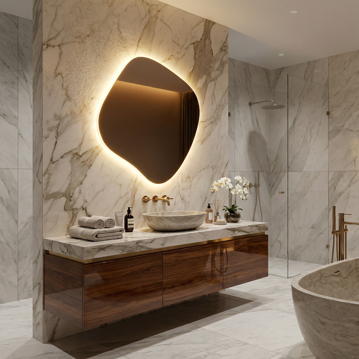 LED Bathroom Mirror – Modern Organic Shaped Lighted Vanity Mirror with Touch Sensor, Handmade Backlit Wall Mirror