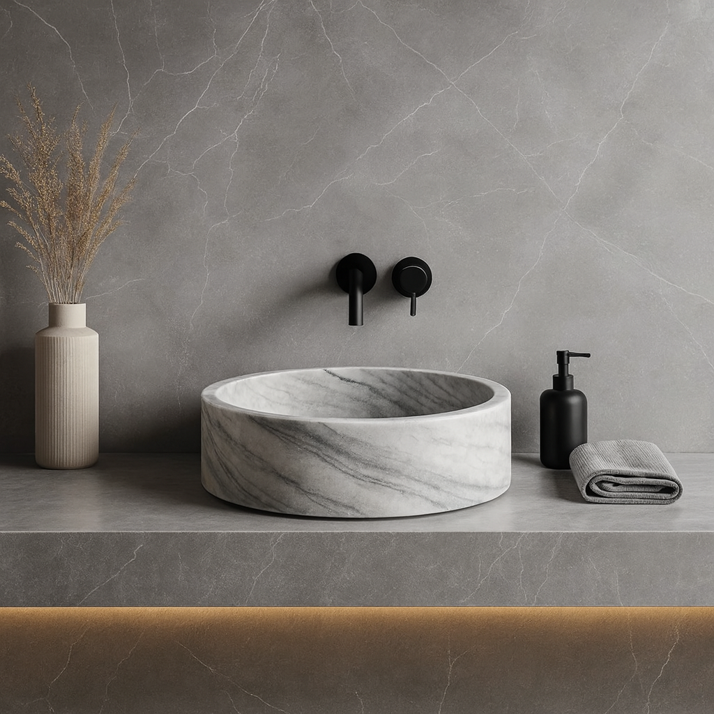Marble Sink – Grey Stone Vessel Sink for Bathroom | Round Natural Marble Basin 16.5"x16.5"x6"