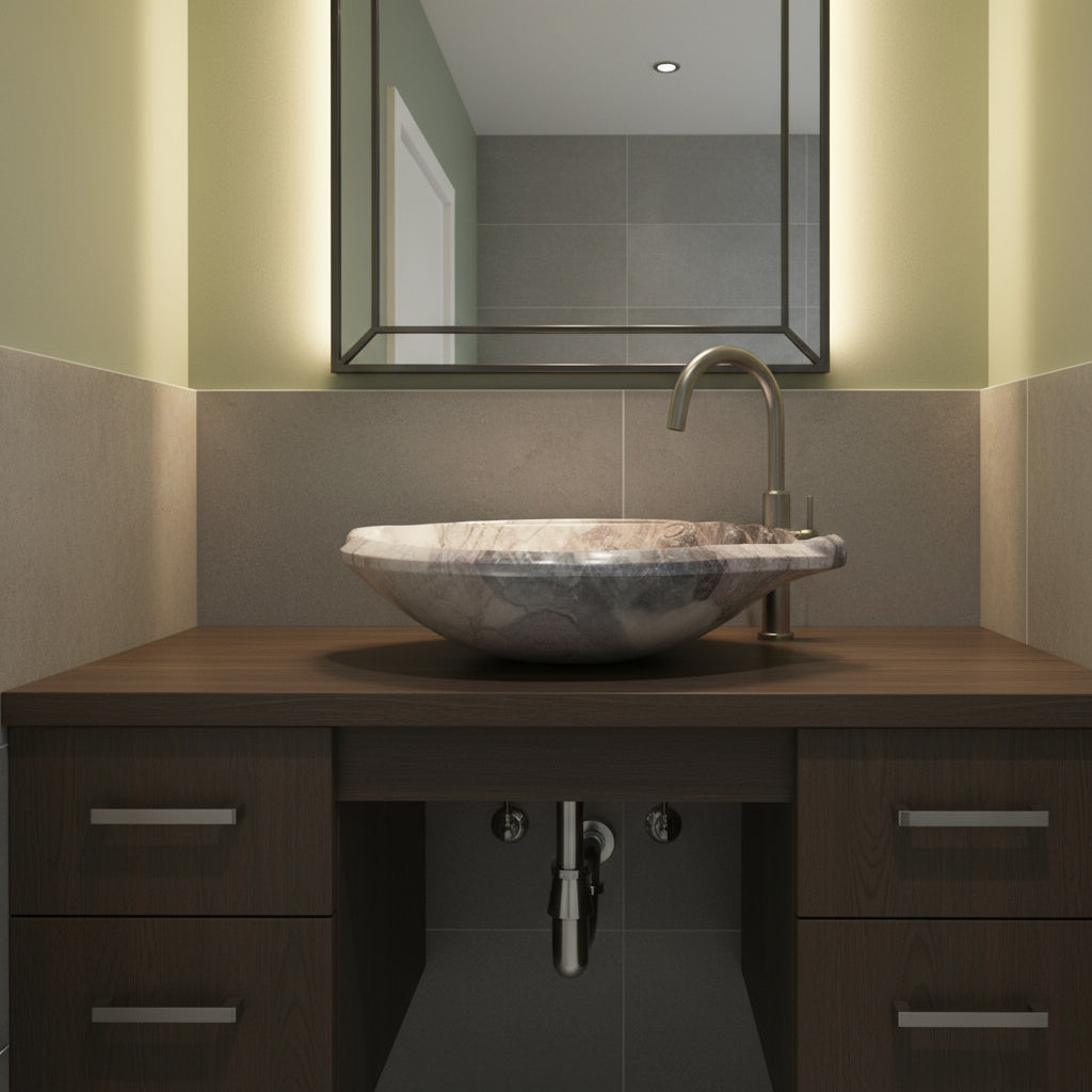 Luxury Marble Vessel Sink – Hand-Carved Natural Stone Bathroom Basin, Designer Vanity Bowl 25.6"x15.7"x5.5" (65x40x14 cm)