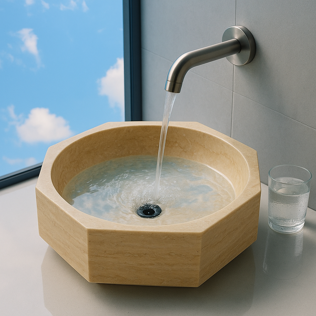 Marble Sink – Light Beige Travertine Octagon Vessel Bathroom Sink Polished | Natural Stone Above-Counter Basin 16"x16"x5"