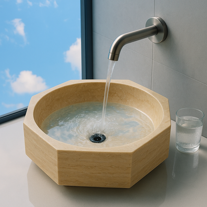 Marble Sink – Light Beige Travertine Octagon Vessel Bathroom Sink Polished | Natural Stone Above-Counter Basin 16"x16"x5"