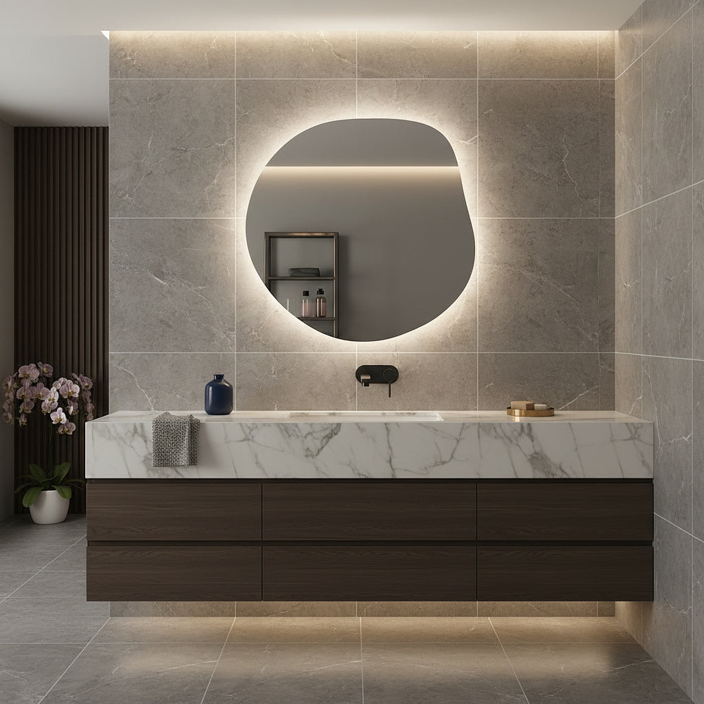 LED Bathroom Mirror Irregular Shape – Modern Asymmetrical Backlit Wall Mirror | Dimmable Warm & Cool Light (3000K–6500K)