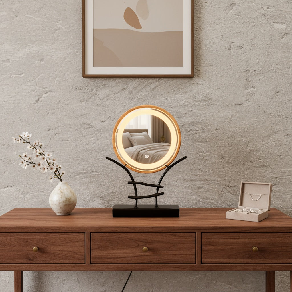 LED Makeup Mirror with Wooden Frame – Dimmable Touch Lighted Vanity Mirror & Jewelry Holder