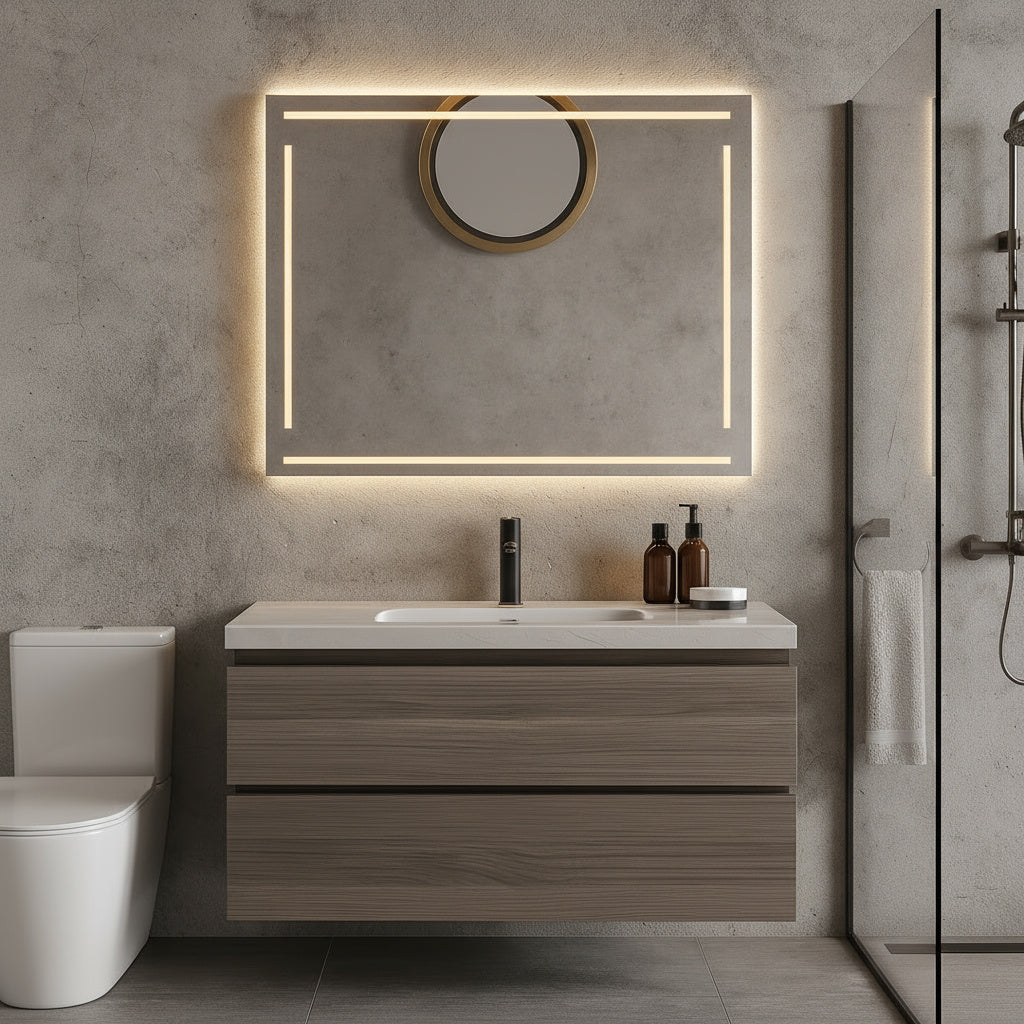 LED Bathroom Mirror – Modern Rectangular Lighted Vanity Mirror with Frame Lines, Backlit Wall Mirror