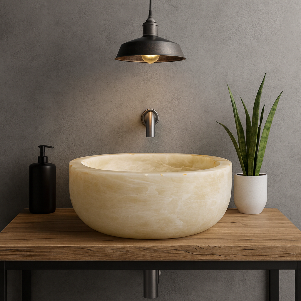 Marble Sink Green Onyx Stone Vessel – Handcrafted Round Bathroom Basin (40×40×15 cm)