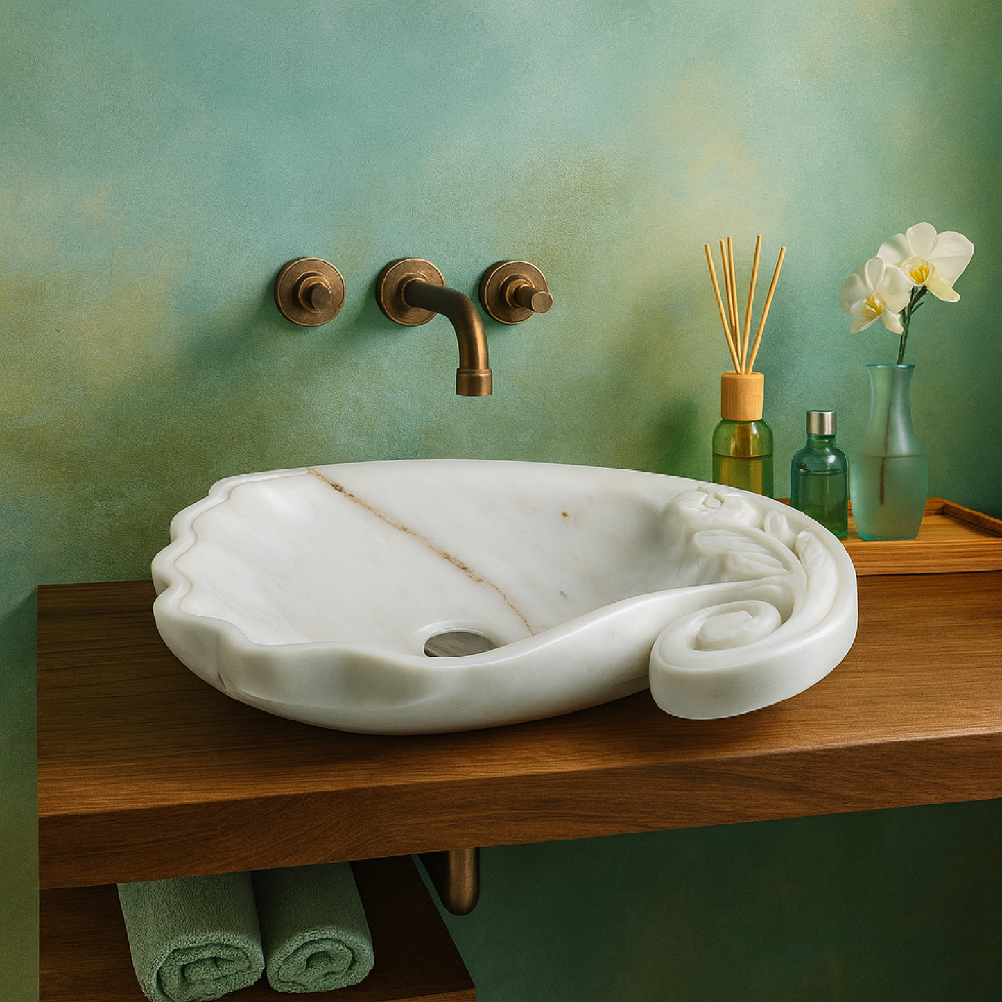 Luxury Marble Vanity – Hand-Carved Natural Stone Bathroom Basin with Floral Detail 23.6"x15.7"x5.9" (60x40x15 cm)