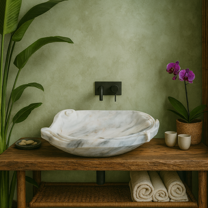 Luxury Marble Vessel Sink – Hand-Carved Natural Stone Bathroom Basin, Modern Vanity Bowl 23.6"x17.7"x5.9" (60x45x15 cm),