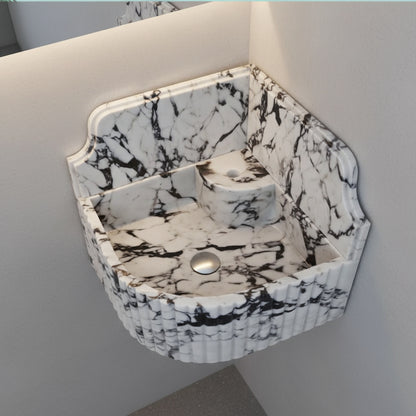 Marble Sink – Calacatta Viola Corner Wall-Mount Bathroom Sink with Fluted Design & 8" Backsplash | Luxury Natural Stone Basin 16"x16"x8"