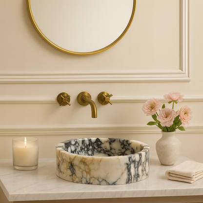 Marble Sink – Calacatta Viola Stone Vessel Sink for Bathroom | Luxury Round Basin 16"x16"x5.5"