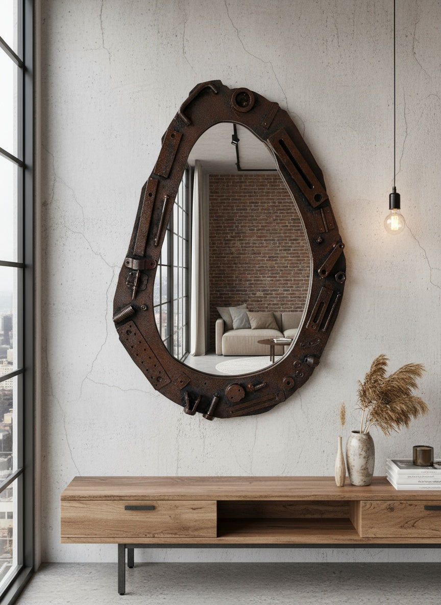 Industrial Wall Mirror – Steampunk MDF Frame Mirror with metal part for Loft & Modern Interiors