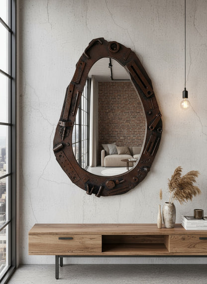 Industrial Wall Mirror – Steampunk MDF Frame Mirror with metal part for Loft & Modern Interiors