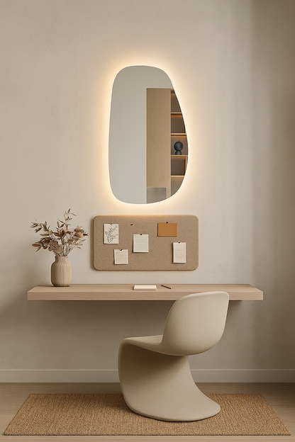 Modern LED Bathroom Mirror – Organic Asymmetrical Backlit Wall Mirror with Warm & Cool Light