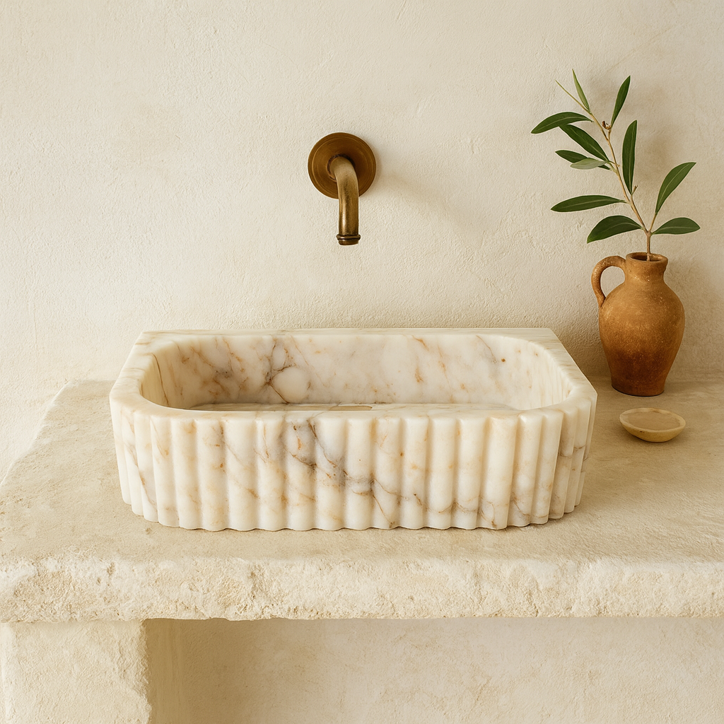 Marble Sink – Calacatta Stone Vessel Sink for Bathroom | Fluted Luxury Rectangular Basin 16"x20"x5.5"