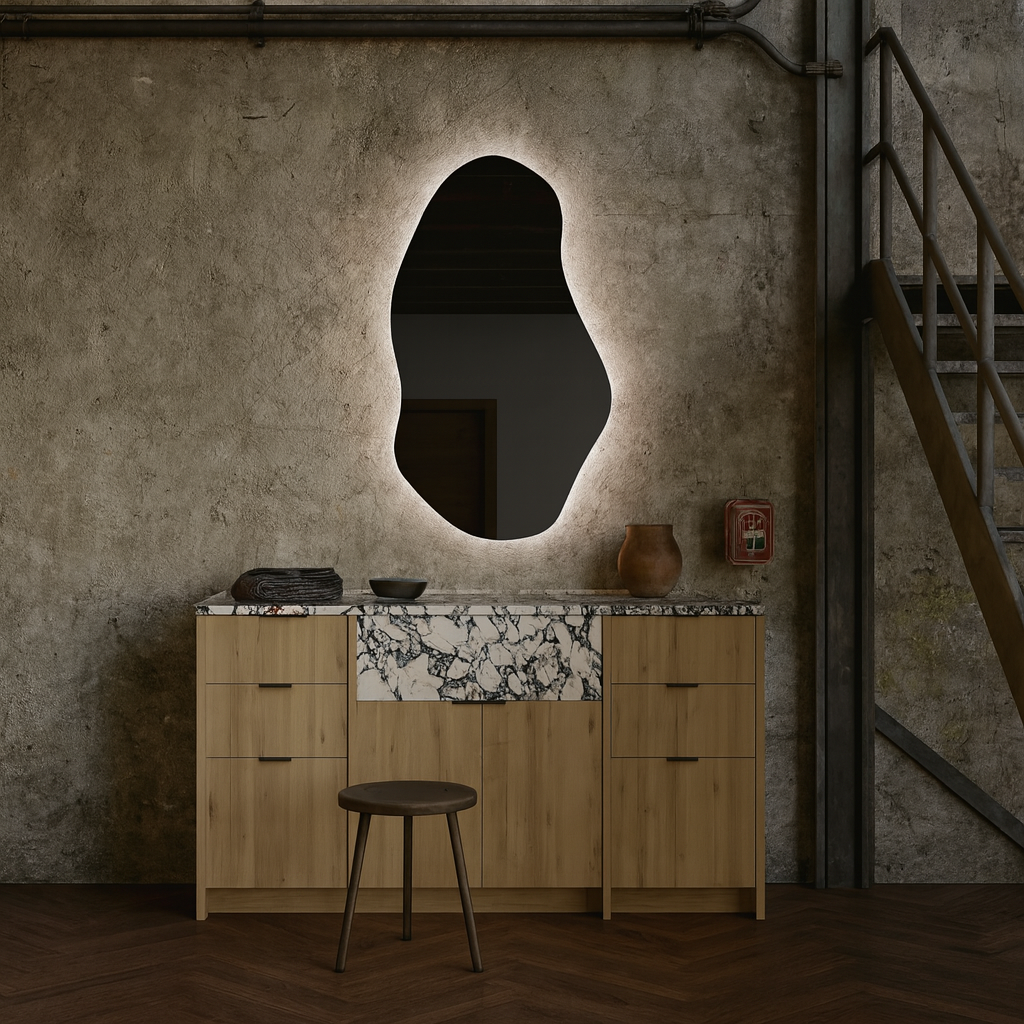 LED Bathroom Mirror – Irregular Organic Shaped Lighted Vanity Mirror with Touch Sensor