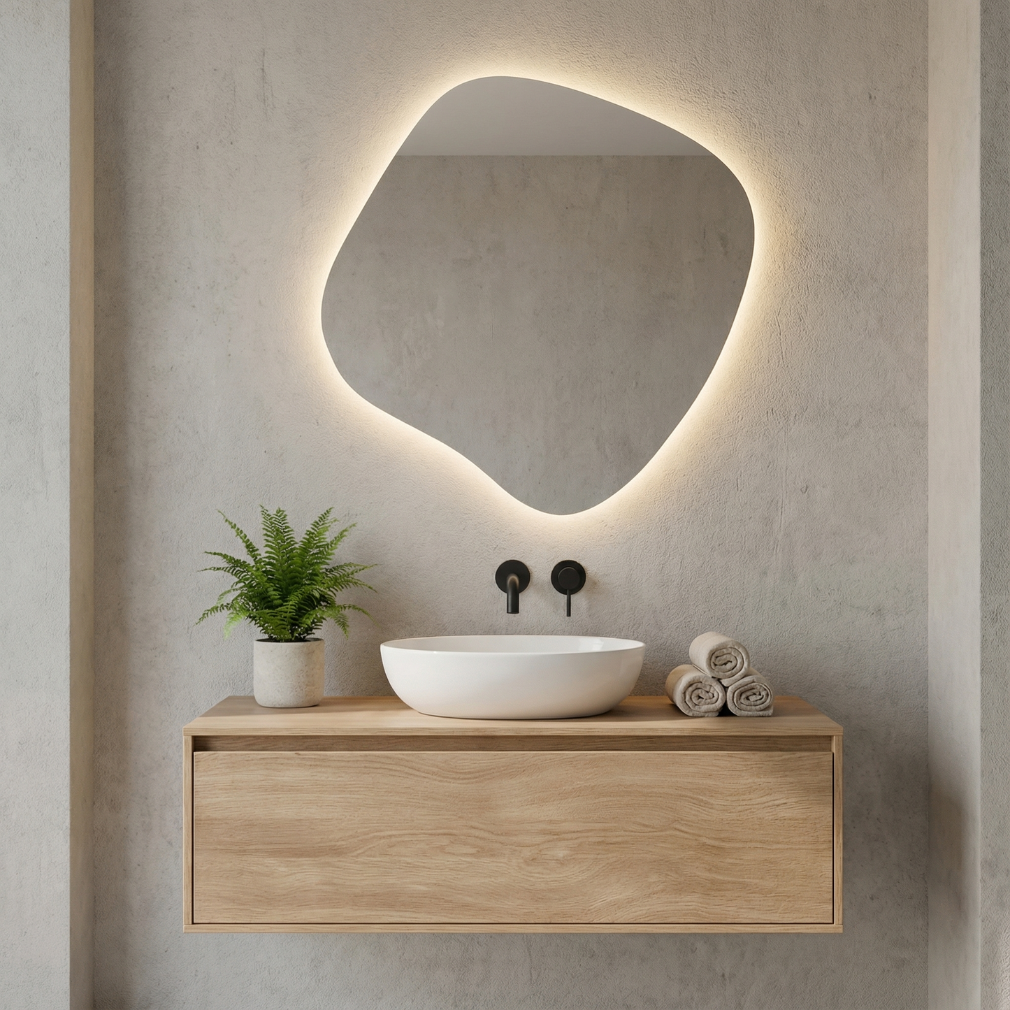 LED Bathroom Mirror – Modern Organic Shaped Lighted Vanity Mirror with Touch Sensor, Handmade Backlit Wall Mirror