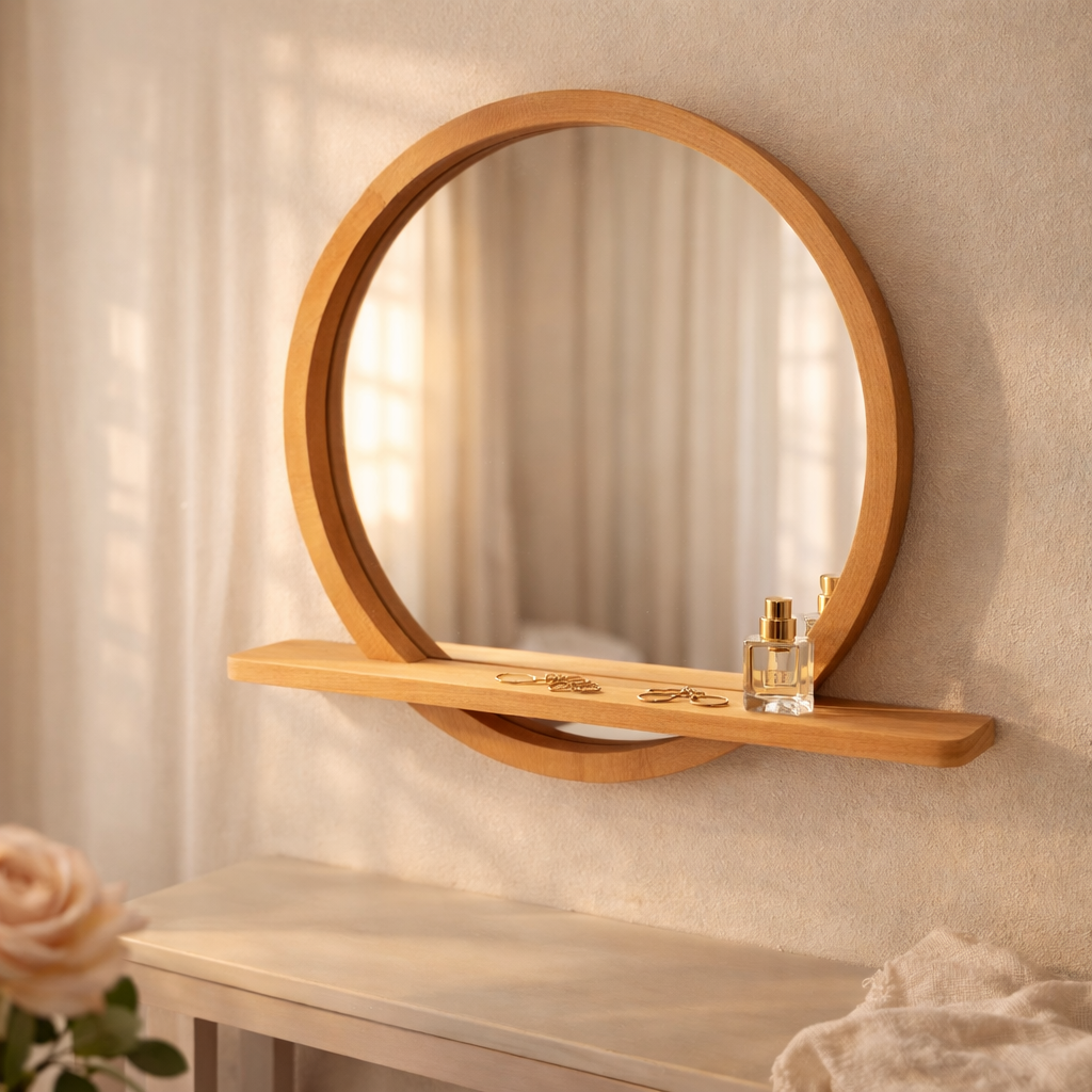 Solid Beech Wood Round Mirror with Shelf – Scandinavian Entryway Bathroom Mirror