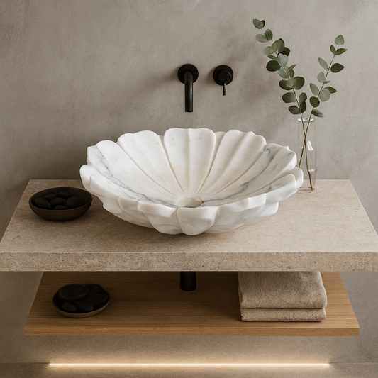 Luxury Marble Vessel Sink – Hand-Carved White Natural Stone Basin for Bathroom Vanity, One-of-a-Kind Designer Wash Bowl