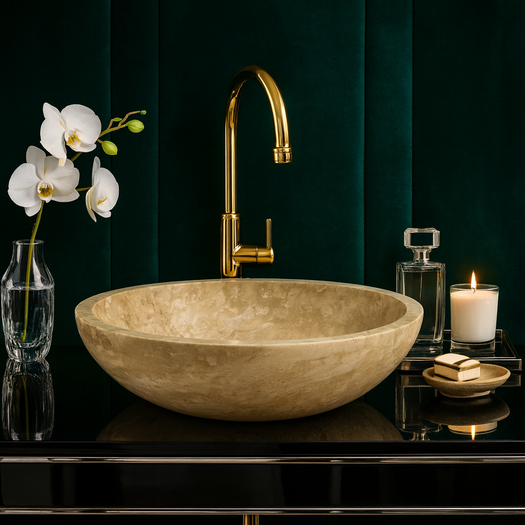 Marble Sink – Light Travertine Stone Vessel Sink for Bathroom | Round Natural Basin 16"x16"x4"