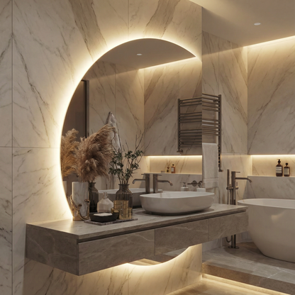 LED Bathroom Mirror – Modern Half Moon Backlit Vanity Mirror with Touch Sensor, Luxury Lighted Wall Mirror
