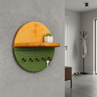 Modern Wall Key Holder with Shelf – Minimalist Wooden Entryway Organizer with Hooks | Handmade Home Décor