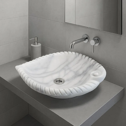 Marble Sink – Luxury Stone Sink Bathroom Basin (45x55x14 cm), Handcrafted White Natural Marble Vanity Bowl