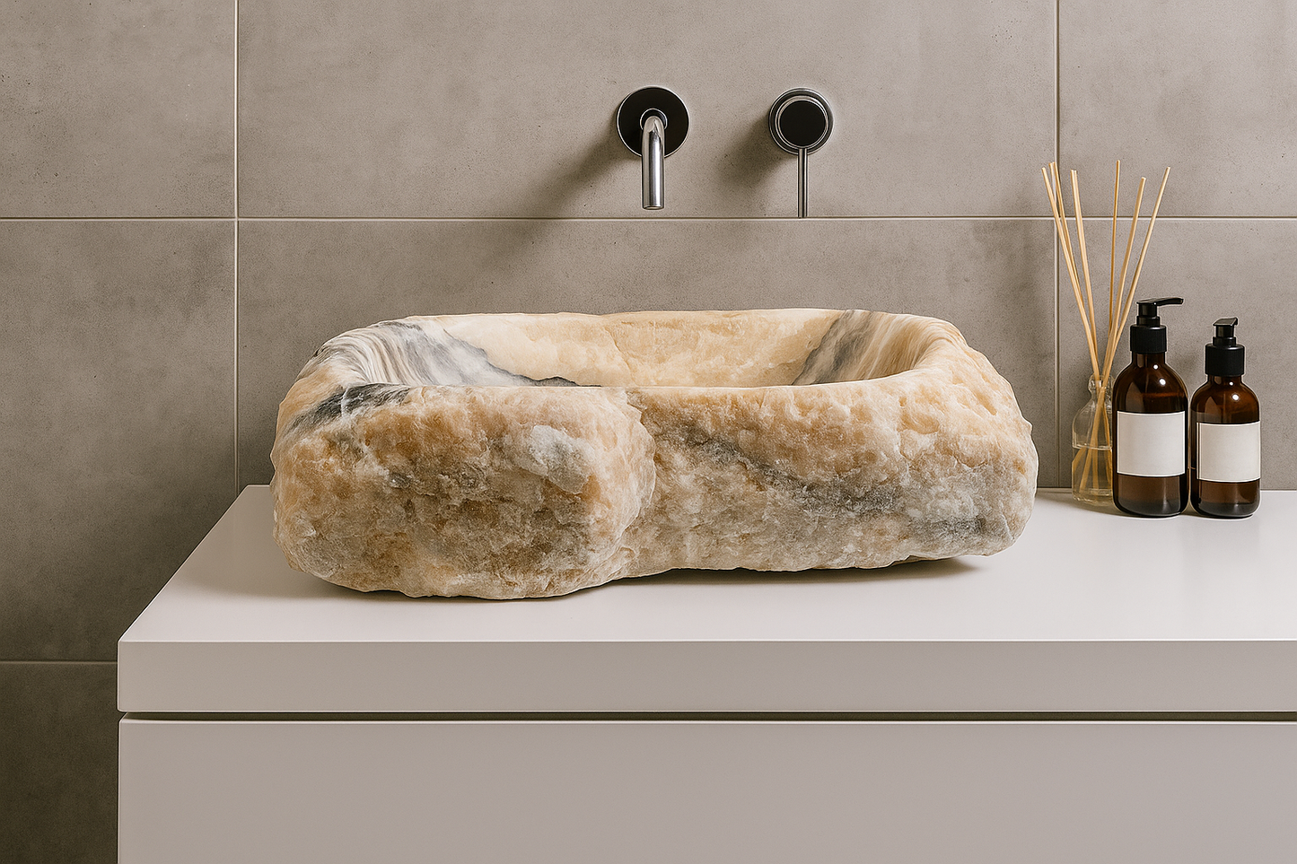 Luxury Stone Vessel Sink – Natural Marble Bathroom Basin with Raw Edge, Handcrafted Rustic Vanity Bowl 21.6"x15.7"x5.5" (55x40x14 cm)