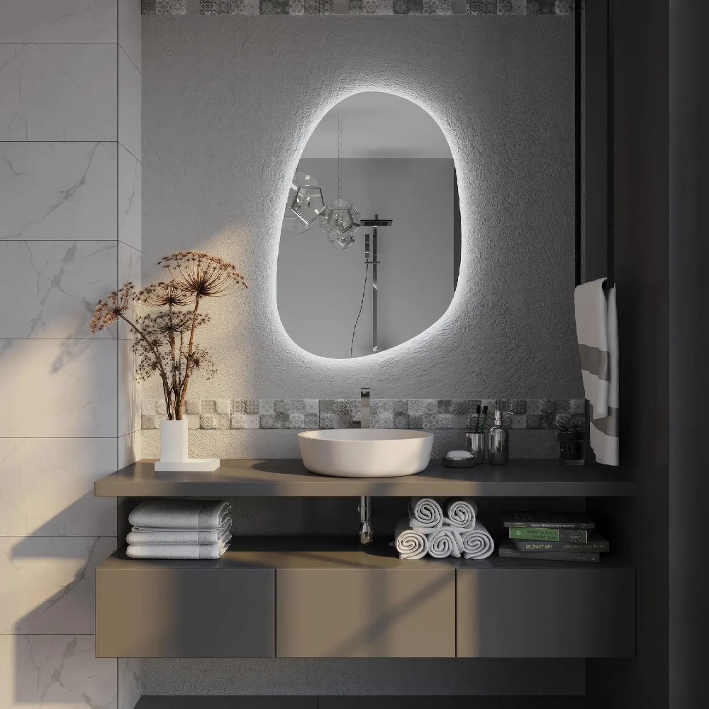 Modern LED Bathroom Mirror – Organic Asymmetrical Backlit Wall Mirror with Warm & Cool Light