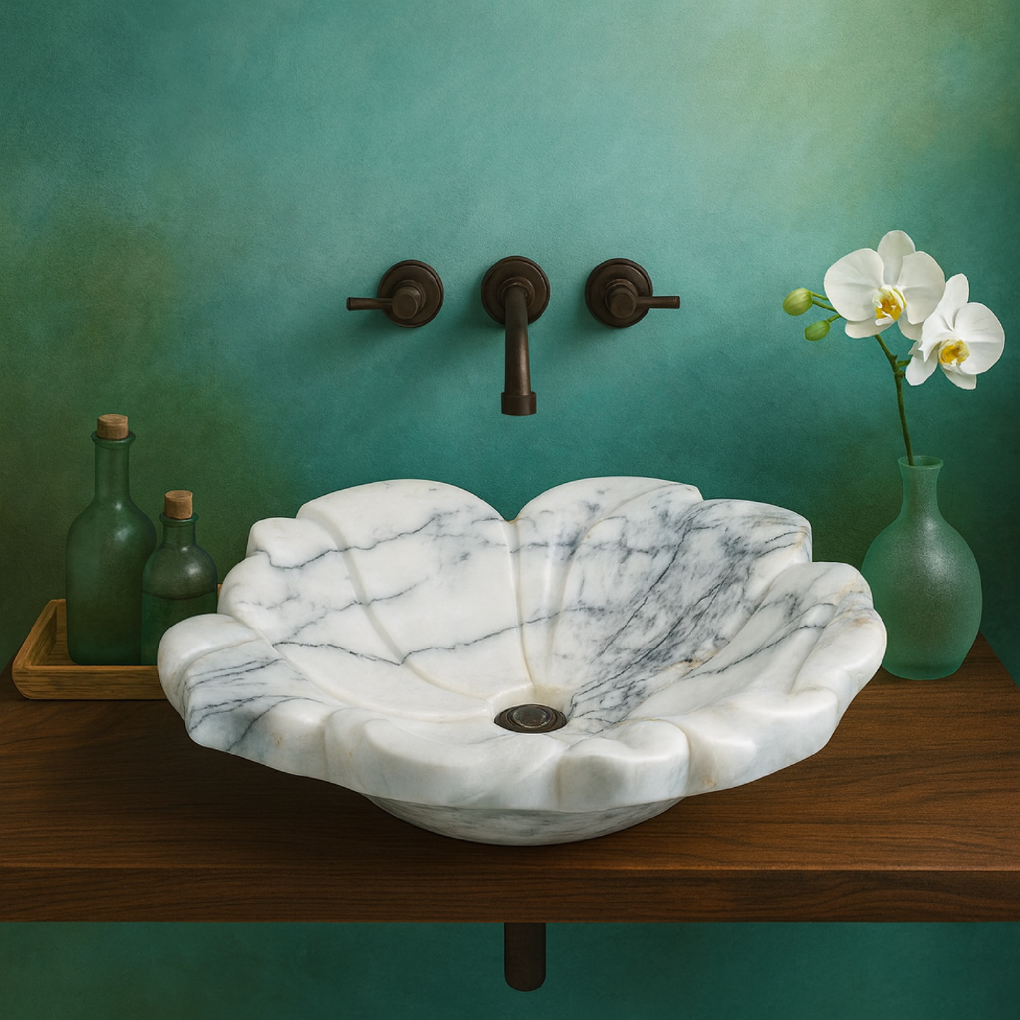 Luxury Marble Vessel Sink – Hand-Carved Flower Design Natural Stone Bathroom Basin