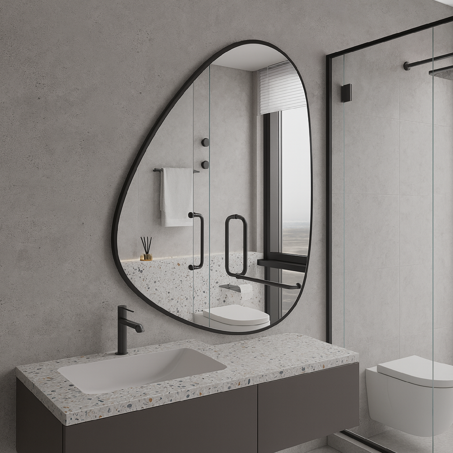 Modern Irregular Bathroom Wall Mirror – Asymmetrical Black Frame Mirror for Vanity, Entryway & Living Room