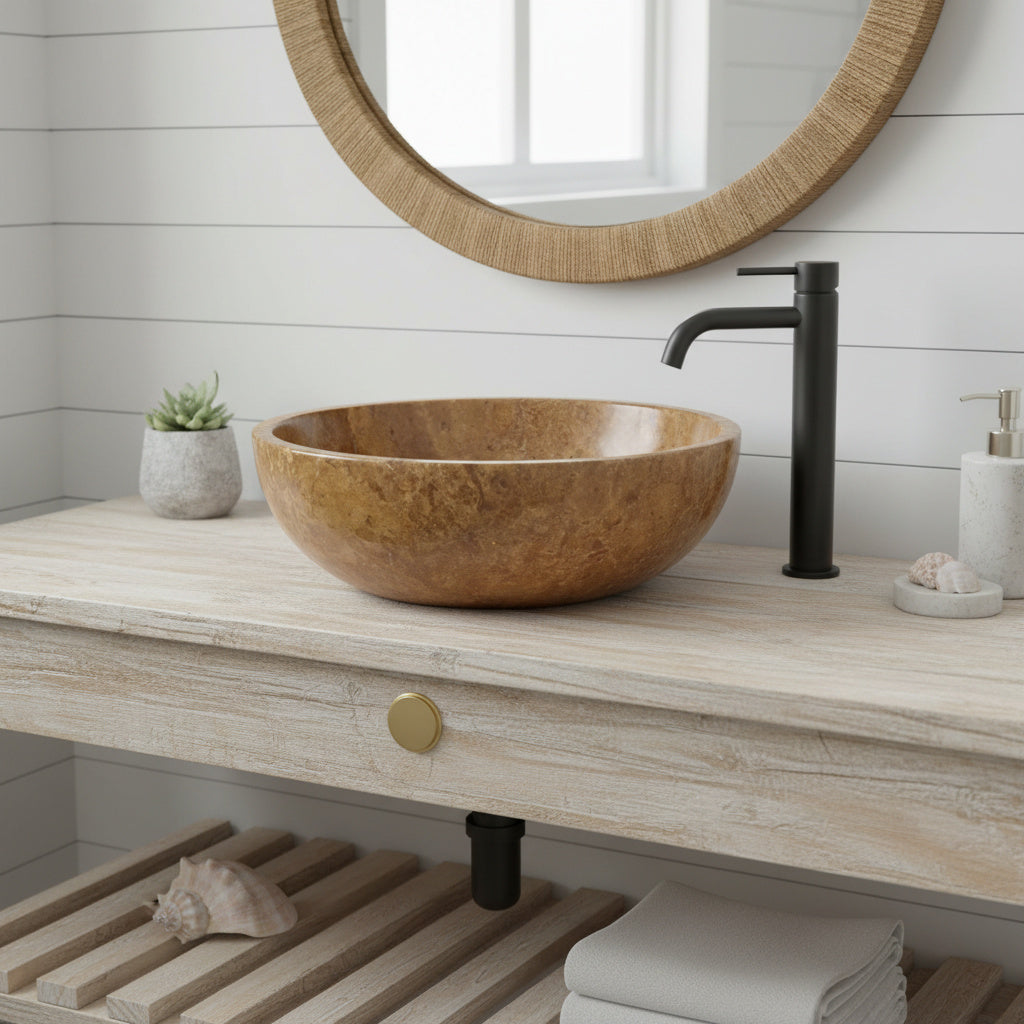 Noce Travertine Bathroom Sink – Natural Stone Round Vessel Sink, Polished Above-Counter Basin