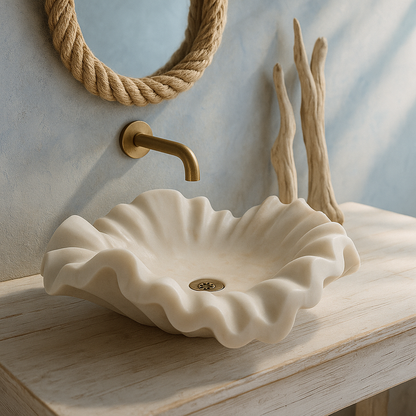 Marble Sink – Luxury Stone Vessel Sink Petal Bowl 17"x17"x6" (43x43x15 cm) Hand-Carved Natural Marble Basin